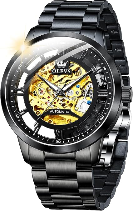 OLEVS Mens Automatic Watch Skeleton Diamond Luxury Mechanical Self Winding Dress Wrist Watch Waterproof Luminous