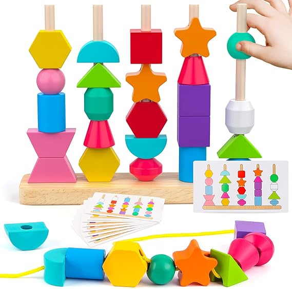 Hieoby Montessori Wooden Beads Sequencing Toy Set, Stacking Blocks & Lacing Beads & Matching Shape Stacker, Montessori Toys for 3 4 5 Year Old STEM Preschool Learning Toys Gifts for Kids Boy Girl