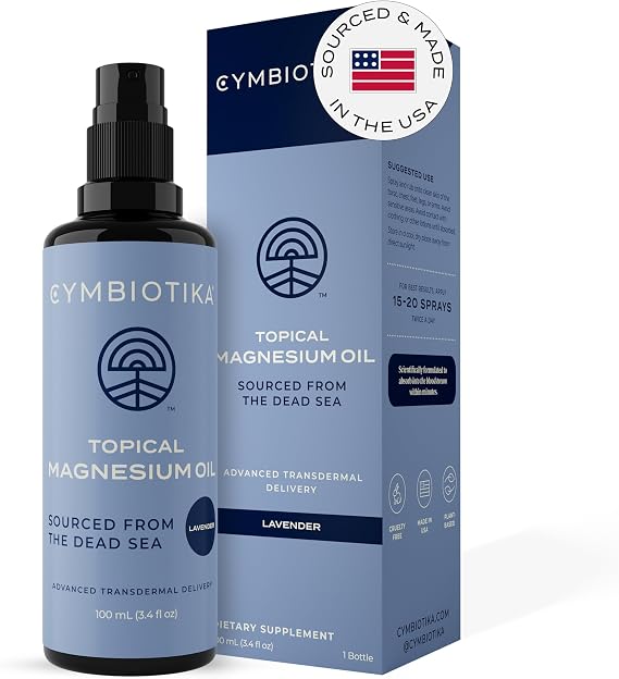 CYMBIOTIKA Topical Magnesium Oil Spray for Body, USA Made, Supplement for Leg Cramps, Muscle, Joint Health & Sleep Support, Includes Magnesium Chloride, Lavender Extract, Aloe Vera - Skin Applicator