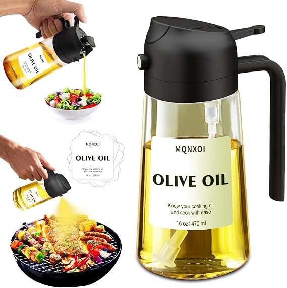 2 in 1 Glass Oil Sprayer & Dispenser,16oz/470ml Olive Cooking, Air Fryer, and Salad, for Kitchen Gadgets and Air Fryer Accessories, w/Stickers (Black)