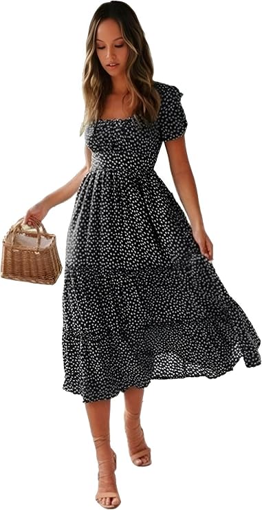 Roll Up Women's Blue Ditsy Floral Ruffle Hem Short Puff Sleeve Maxi Dress - Fit & Flare Square Neck Shirred Long Maxi Dress