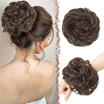 FESHFEN Large Messy Bun Hair Piece - Wavy Synthetic Chignon Scrunchies Elastic Ponytail Hair Extensions Thick Hairpieces for Women, Medium Chestnut Brown 1.94oz