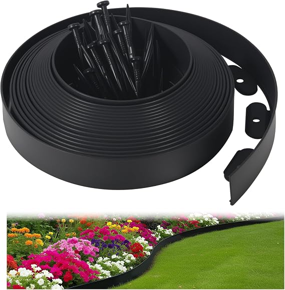 Landscape Edging Border,40-Foot Long, 2-Inch Tall,No Dig Flexible Plastic Edge Border with 40 Spikes,Flower Bed Borders for Landscaping,Garden Flower Beds Yard Lawn Pathway Paver - Black