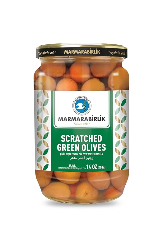 Marmarabirlik Turkish Scratched Green Olives Canned, Healthy Snacks, 14oz | Natural Mediterranean Pickled Olive for Salads, Mezze & Fresh Food Platters, Vegan, Kosher, Halal, Snack Packs