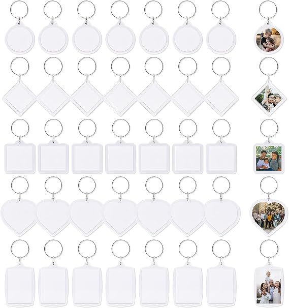 40Pcs Clear Acrylic Blank picture Photo frame keychain Personalized photo insert keychain bulk, Rectangle, Heart-Shaped, Round, Square and Rhombus Great for Personalized Keychains DIY Gift