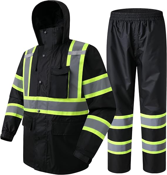 JKSafety Hi Vis Rain Jacket Men Women Reflective Rain Gear Black 3XL