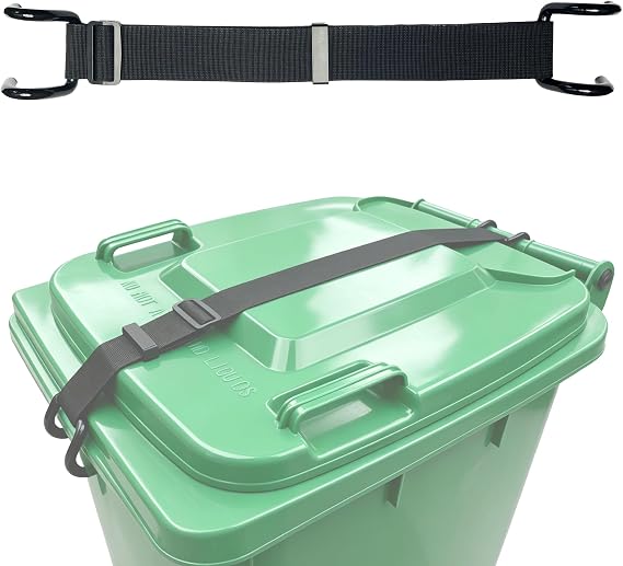 Metal Double Claw Trash Can Lock, Heavy Duty Windproof & Adjustable Bear Raccoon Proof Garbage Bin Lid Strap Bungee Alternative, Fits Standard & Large Outdoor Trash Cans & Wheelie Bins