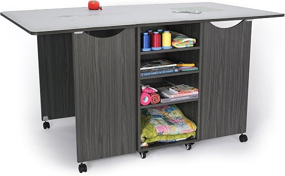 Kangaroo Kookaburra Cutting Table Large Sewing, Quilting & Craft Workstation with Expandable 70 x 40 Surface, Storage Drawers, Shelves & Rolling Locking Casters, Gray Finish