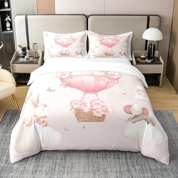 Flower Hot Air Balloon 100% Cotton Duvet Cover Full Cartoon Cute Animal Bedding Set for Kids Rabbit Elephant Bear Comforter Cover Pink Butterfly Quilt Cover with 2 Pillowcases,No Comforter