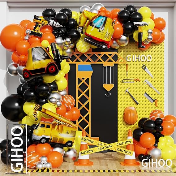 Construction Birthday Party Supplies 147pcs Construction Balloon Arch Garland Kit, Orange Black Excavator Dump Truck Hammer Drill Foil Mylar Balloon for Construction Theme Birthday Party Decorations
