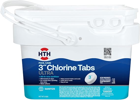 HTH 42056W, Swimming Pool Care 3" Chlorine Tabs Ultra, 8 lbs | Individually Wrapped Tablets; Keep your pool water clean; clear; and comfortable; Slow Dissolving; Long Lasting