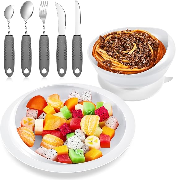 Maxcheck 2 Sets Adaptive Utensils Bowl and Plate Set Suction Base, White