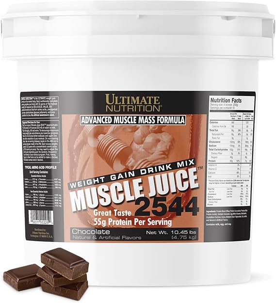 Ultimate Nutrition Muscle Juice 2544 Mass Gainer, Chocolate, 10.45 lb | 55g Protein Blend, 162g Carbs, 17g Fat, 1020 Calories, High Calorie Weight Gainer For Muscle Growth And Recovery
