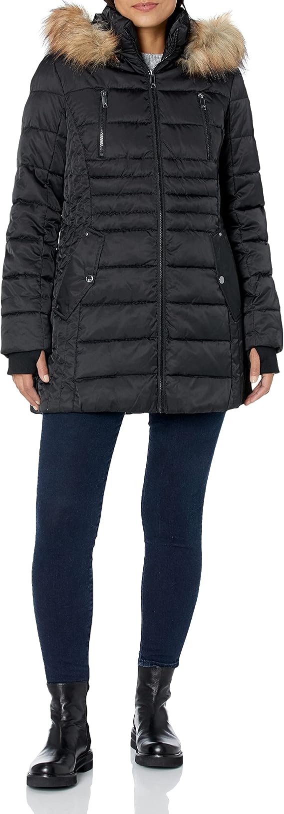 HFX Women's 3/4 Midweight Puffer Jacket Zipper Front Button Off Faux Fur Trimmed Hood Zippered Chest Pocket Water Resistant 31" Coat