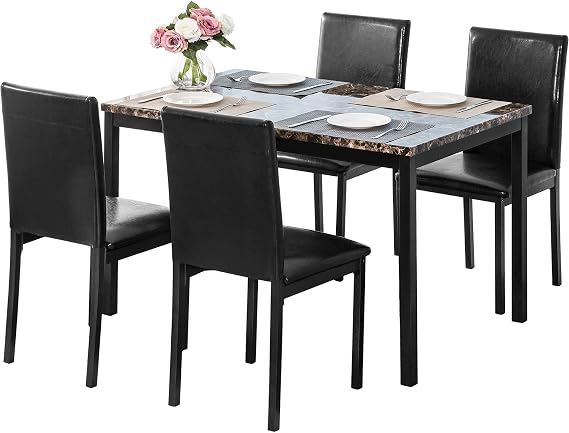 5-Piece Kitchen Marble Dining Table Sets for 4, Artificial Marble Breakfast Nook with 4 Leather Chairs in The Small Dining Room or Kitchen, Solid Metal Structure Black
