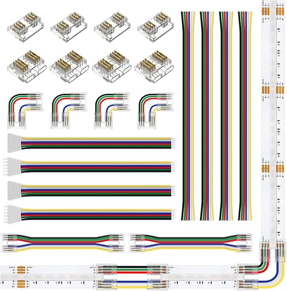 BTF-LIGHTING FCOB 12MM 6PIN Connector Kit for COB RGBCCT LED Strip Lights,L-Shaped/Dual-End with Wire,Gapless/Strip to Wire/6PIN JST Connector,6 Conductor 24AWG Wire
