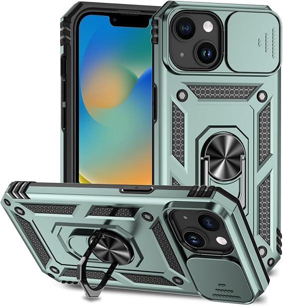 Compatible with iPhone 15 Case 6.1", iPhone 15 Magnetic Case with Camera Cover & Kickstand Military Grade Shockproof Cover Green