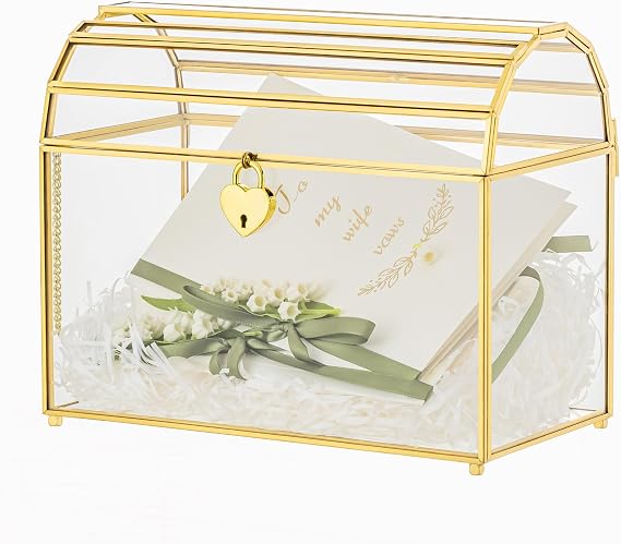 NCYP Wedding Glass Card Box with Slot and Lock - 10.2x5.5x8.4 Inches Gold Envelope Holder for Birthday Party Reception - Vintage, Centerpiece, Tabletop Decor (Glass Box Only)