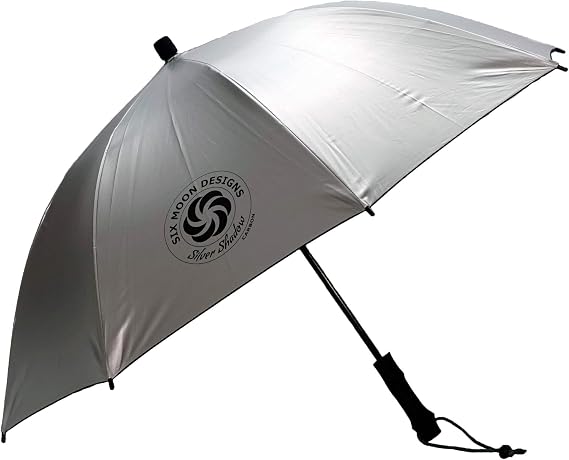 Six Moon Designs Silver Shadow Carbon - 6.8 oz Ultralight Hiking Umbrella - UPF 50+ Sun & Rain Protection - Hands-Free Ready for Thru-Hiking - Silver Reflective