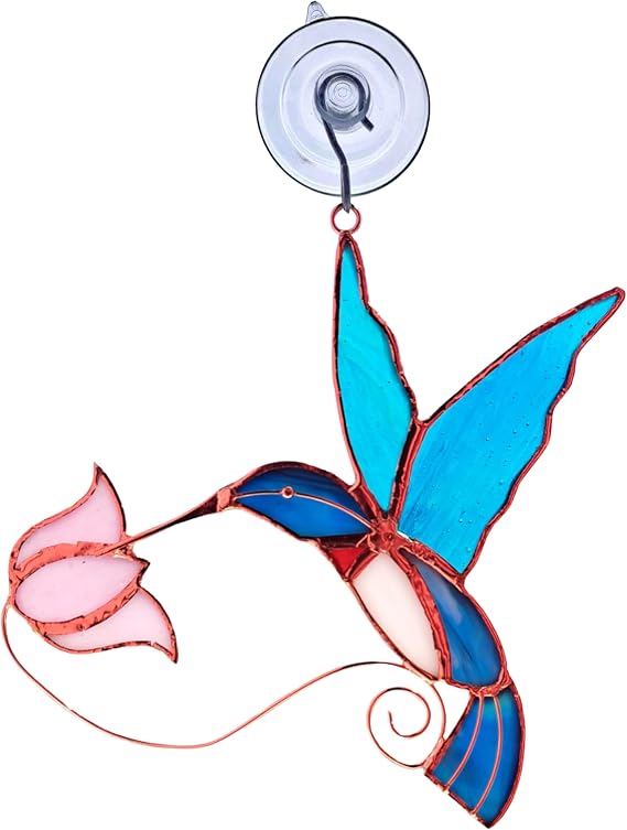 Gift Essentials Stained Glass Suncatcher for Window - Hummingbird with Pink Flower - Hanging Indoor Decor Sun Catcher