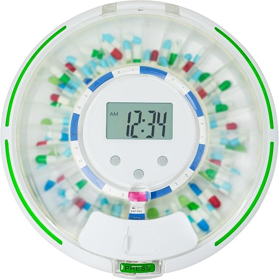 Automatic Pill Dispenser with Flashing Light, Sound, Alarm and Safety Lock, 28-Day Electronic Medication Organizer Dispense Vitamins and Tablets Up 6 Times/Day Easy Read Display (Frosted)