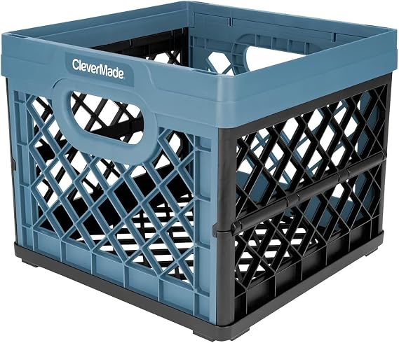 CleverMade Collapsible Milk Crate, Slate Blue, 1PK - 25L (6 Gal) Stackable Storage Bins, Holds 50lbs Per Bin - Clevercrates are Heavy Duty, Plastic Collapsible Storage Crate for Multi Purposes