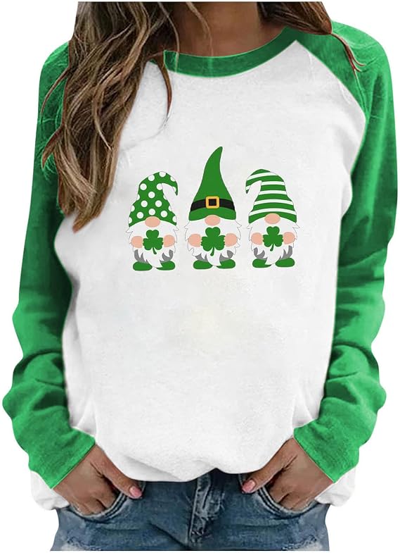 Womens St Patrick Day Shirt Long Sleeve Loose Shamrock Graphic Sweatshirt Casual Lucky Irish Clover Print Pullover Tops