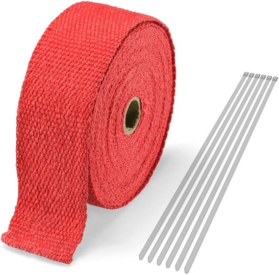 Red Exhaust Pipe Insulation Thermal Heat Wrap 2" x 50' Motorcycle Header Protection Fiberglass Heat Shield 6x Stainless Ties