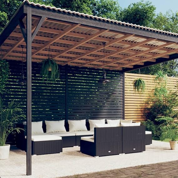 9-Piece Patio Lounge Set with Cream Cushions Black PE Rattan Outdoor Furniture Set Modular Sectional Sofa for Garden Balcony Porch