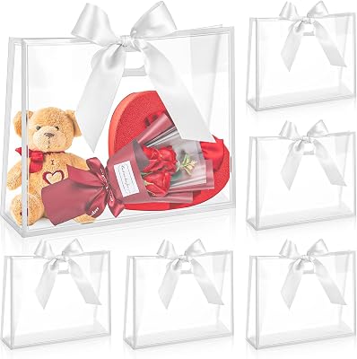 Aliceset 12 Pcs Clear Plastic Gift Bags with Die Cut Handles Reusable Gift Wrapping Bag with Ribbon for Wedding Graduation Bridal Shower Baby Shower, 12 x 10 x 5White