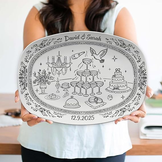 Personalized Wedding Platter Custom Bride and Groom Plate with Names & Date, Elegant Toile Champagne Tower Serving Dish Unique Mr and Mrs Gift, Bridal Shower Present, Wedding Keepsake