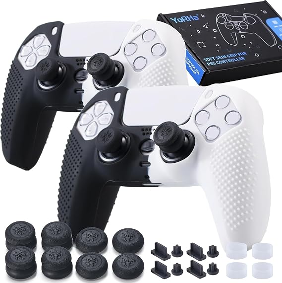 YoRHa Silicone Skins Cover for PS5 Controller x 2(Black+White) with Thumb Grips x 8, Plugs x 8, Anolog Protectors x 4