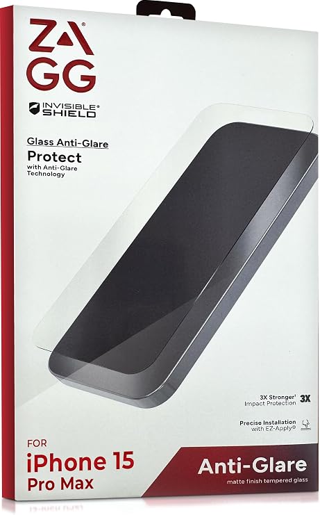 ZAGG InvisibleShield Anti-Glare Glass Screen Protector for iPhone 15 Pro Max - 3X Stronger Tempered Glass, Scratch & Impact Protection, Smudge-Resistant, Easy to Install - Clear
