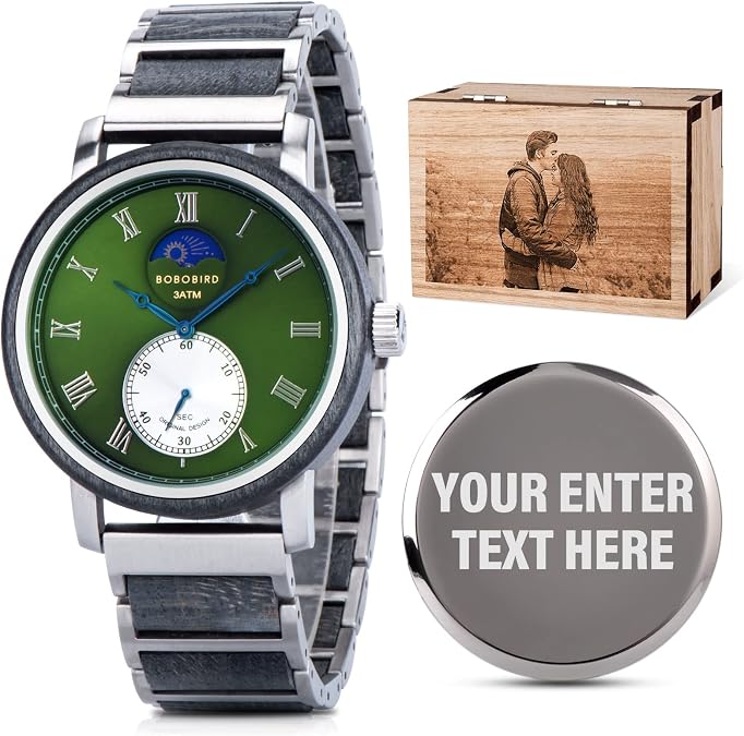 2win Engraved Wooden Watches for Men Husband Personalized Multi-Function Day&Night Conversion Pattern Customized Wood Watch Gift for Anniversary Wedding Birthday Christmas