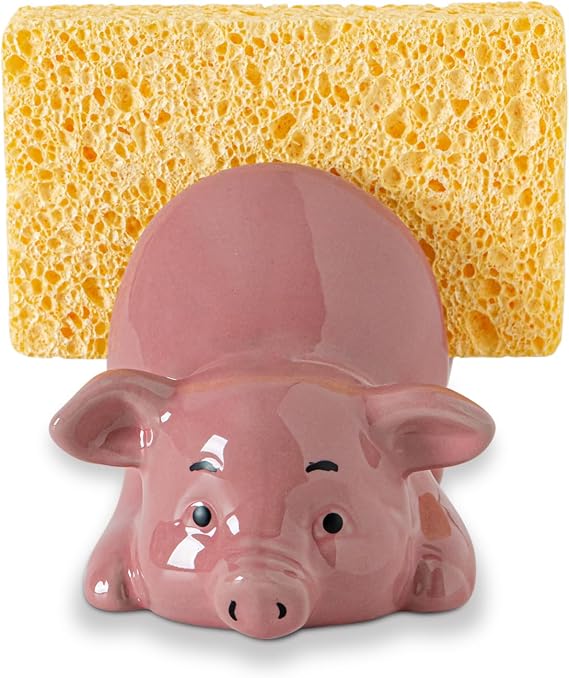 Ceramic Pig Sponge Holder for Kitchen Sink and Countertop | Cute pig-shaped ceramic sponge holder keeps sponges organized while adding farmhouse charm to your kitchen sink area.