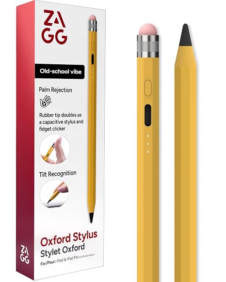 ZAGG Oxford Stylus for iPad Pro 11/13 M4 M5, iPad Air 11/13 M2 M3 M4, iPad 10/9/8/7/6th Gen/A16, Mini 6/5 A17 ProPencil with Palm Rejection, Tilt Sensitivity, Fidget Clicker