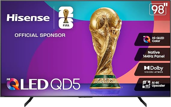Hisense 98" Class QD5 Series (98QD5QG, 2025 Model) Best Value Hi-QLED 4K UHD Smart Google TV, Native144Hz, Motion Rate 480, Dolby Vision Atmos, HDR 10+, AMD FreeSync Premium, MEMC, VRR, ALLM