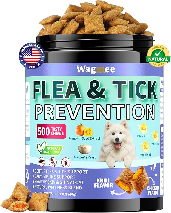 Flea and Tick Prevention for Dogs Chewables 500 Crunchy & Creamy Tasty Chews, Natural Dog Flea and Tick Treatment Chewable, Oral Flea Chews Supplement for Dogs Puppies, All Breeds & Ages, Chicken