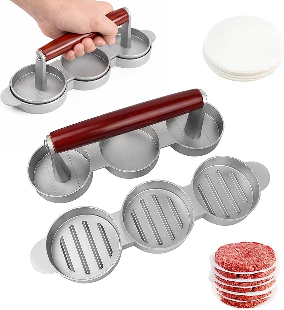 Slider Burger Press 3-Mold Aluminum(50 Patty Papers) | For BBQ Grilling Camping Picnic, Make 3 Mini Burgers at Once, 2.76 Inch Molds Includes 50 Patty Papers, Compact Kitchen Tool