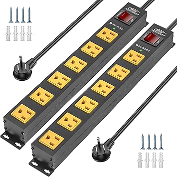 CRST 2Pack 6 Outlet Surge Protector Power Strip 2100J with Switch, 15A/1875W Heavy Duty Mountable Power Strip, Wide Spaced Power Bar for Garage Worshop Home School, 6 FT Cord( Black+Yellow)