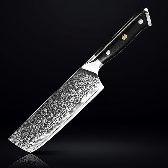 SENKEN 7" Damascus Steel Cleaver Knife - Shogun Collection - 67-Layer Japanese VG10 Steel w/Full-Body G10 Military Grade Handle - Ultra Sharp Nakiri Knife for Boneless Meat and Vegetables