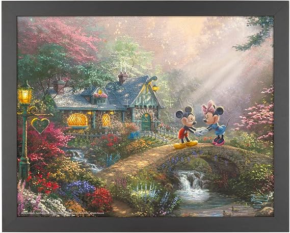 Thomas Kinkade Studios Mickey and Minnie - Sweetheart Bridge 11" x 14" Art Print Satin Black Frame