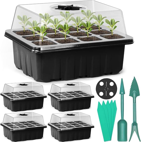 Sfee 5 Pack Seed Starter Tray Kit, 60 Cells Seedling Starter Trays with Humidity Dome and Base Greenhouse Growing Trays, Reusable Seed Germination Seedling Tray with Garden Tools Labels (Black)