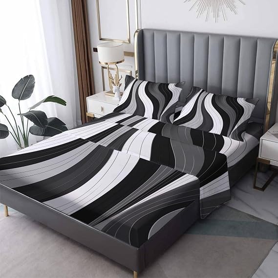 Abstract Sheets Queen Size - Black White Gray Bed Sheets, Soft Microfiber & Deep Pocket & Wrinkle Free Patterned Bedding Sheets & Pillowcases, 4 Piece ( 1 Fitted Sheet, 1 Flat Sheet, 2 Pillow Cases )