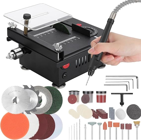 Mini Table Saw, Multi-functional Portable Adjustable | Cutting | Sanding | Engraving | All-in-One Machine, Precision Handmade Table Saw, 4 Types of Blades, 7 Levels of Speed Adjustment