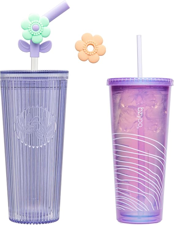 bzyoo 26oz Tumbler with Straw & Lid - Cute Flower Silicone Straw Tips SIP 24oz (710ml) Double Wall Plastic Tumbler with Lid and Straw