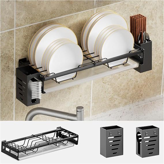 Dxcaicc Wall-Mounted Dish Drying Rack,Kitchen Hanging Stainless Steel Chopstick Holder,Tableware Storage Shelf with 2 Chopstick Holder for Bowl,Plate,A