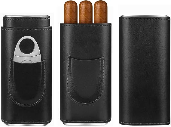 3-Finger Leather Cigar Case with Cutter Cedar Wood Lined Cigar Humidor Portable Travel Cigar Case(Black)