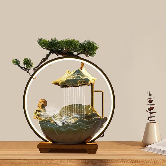 Tabletop Water Fountains Indoor, Desk Waterfall Ornament with LED Light Mist Zen Decor Feng Shui Fountain for Office Yoga Room Meditation Room