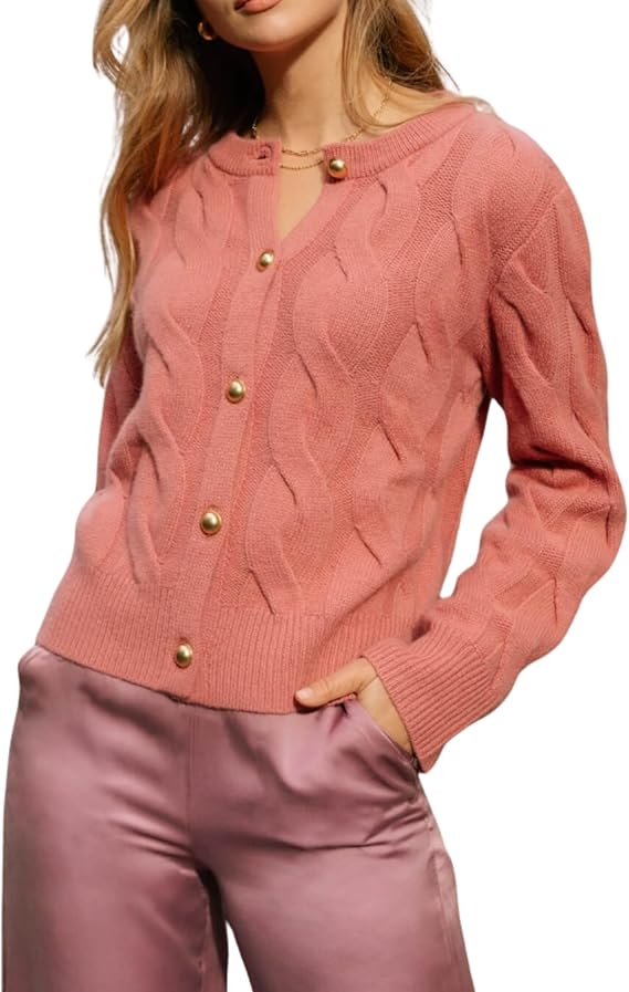 Omoone Short Cardigan Sweaters for Women Loose Crewneck Cable Knit Tops Casual Chunky Button Up Fall Outfits